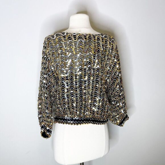 Vintage 80s Three Flaggs XS Sequin Top Black Gold Flashy Dolman Blouse Stretch - Picture 15 of 16